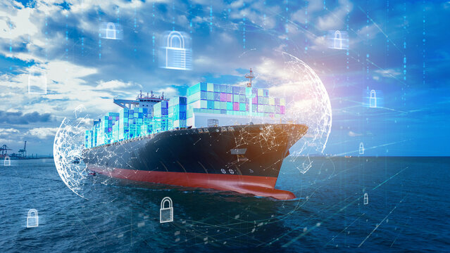 Future Supply Chain cyber security container smart port. Ocean Carriers, Freight marine cargo ship AI technology logistics tracking digital automation freight networks. Big Data risk mitigation