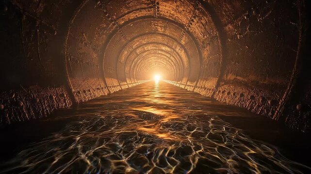 Mysterious underground tunnel with flowing water and bright light at the end