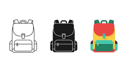 Three backpacks in different colors and line art Vector © TanzinaStock