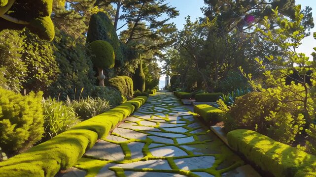 Luxurious two story house with landscaped yard concept. Beautiful garden pathway with manicured green topiary bushes and trees on a sunny day