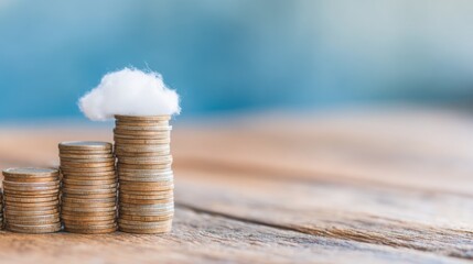 Coins stacked in rows with a cotton cloud above them on a wooden surface