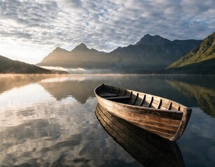 Fototapeta premium Wooden Boat On Calm Mountain Lake At Sunrise With Misty Reflection And Tranquil Atmosphere