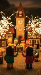 Naklejka premium Miniature figures celebrating New Years Eve with fireworks and a clock tower in a festive town square.