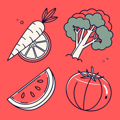 Fototapeta premium Colorful illustration of fresh vegetables and fruits on red background, including carrot, broccoli, orange slice, watermelon, and tomato, healthy eating concept with simple line art style