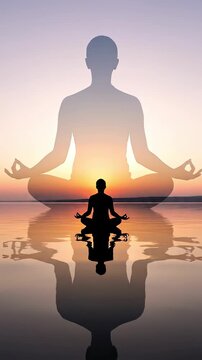 Spiritual awakening and higher consciousness meditation silhouette at sunset over calm water