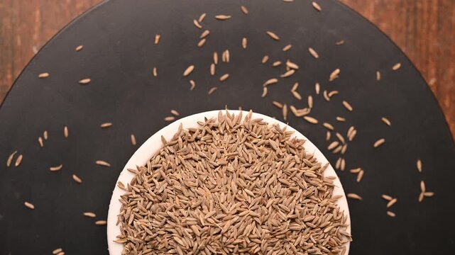 Top View of Cumin Seeds (Jeera) in White Bowl on Black Background &ndash; Rotating Footage