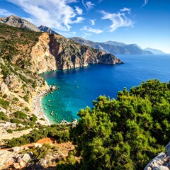 Naklejka premium Coastal cove with rocky cliffs, turquoise water, and a bright sky