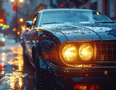 Classic car gleams in the rain at night, headlights illuminated