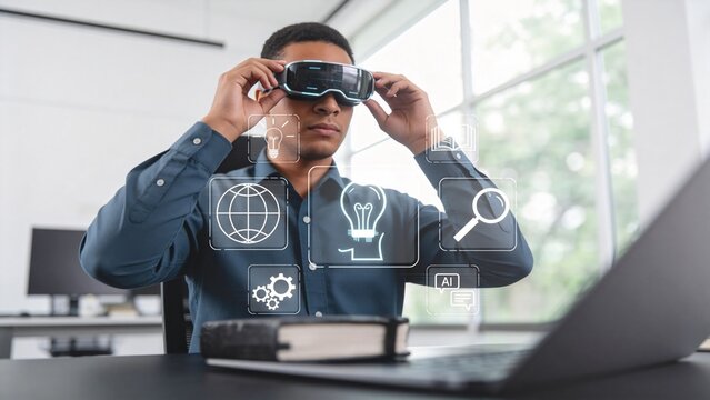 Young professional using virtual reality headset in modern office,augmented learning and immersive technology interface for innovation,education and digital transformation