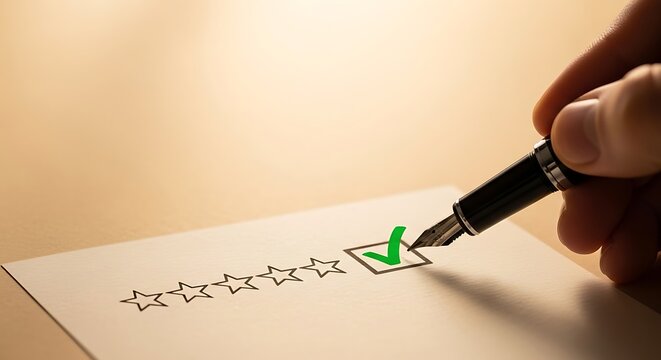 Hand with pen marking a checkmark on a rating scale of stars for positive feedback.