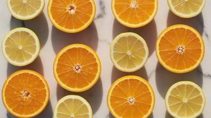 Obraz premium Top View of Sliced Lemons and Oranges Arranged in Rows on a White Marble Surface