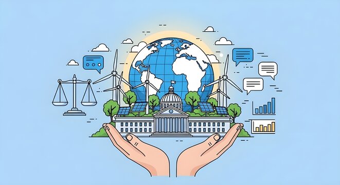 ESG o gobernanza social ambiental para un concepto de esquema futuro sostenible.
 Est&aacute;ndares de empresas ecol&oacute;gicas y principios renovables para la protecci&oacute;n de la naturaleza y la ilustraci&oacute;n vectori