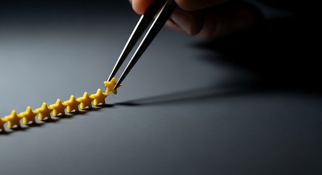 Close-up of hand using tweezers to arrange small yellow objects in a row.