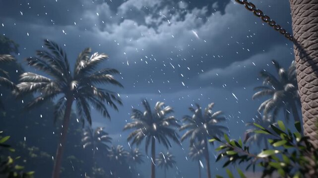 Freedom scene with silhouette breaking chains concept. Tropical storm with strong wind heavy rain and flying debris over palm trees at night