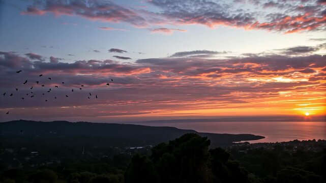Freedom scene with silhouette breaking chains concept. Stunning sunset over ocean with colorful clouds and flying birds above coastal landscape