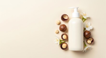 Macadamia nut lotion bottle with nuts and flowers on a beige background.