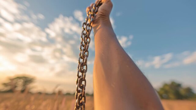 Freedom scene with silhouette breaking chains concept. Hand holding rusty metal chain with sunset sky and blurred field background