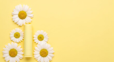 Chamomile Flowers and Yellow Lipstick on a Yellow Background.