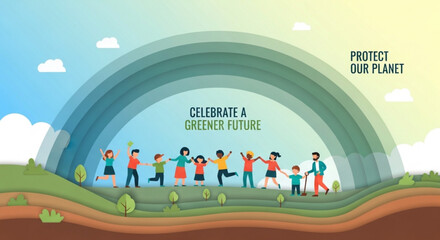 Fototapeta premium Diverse group of people celebrating a greener future under a large rainbow with protect our planet and celebrate a greener future text