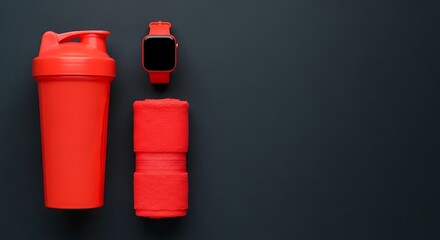 Vibrant Red Fitness Gear Arrangement on Dark Background - Shaker, Smartwatch, and Speaker.