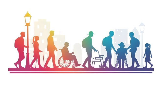 Ilustraci&oacute;n de personas diversas, incluidos hombres, mujeres y personas en silla de ruedas: concepto de diversidad e inclusi&oacute;n