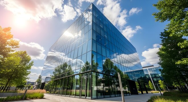 Como ejemplo del concepto ESG (ambiental, social y de gobernanza), la fachada de un edificio corporativo de vidrio refleja &aacute;rboles verdes.
 Importancia de integrar la sostenibilidad en la pr&aacute;ctica emp