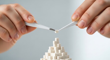 Hands carefully placing sugar cubes to build a pyramid, symbolizing sweetness and construction.