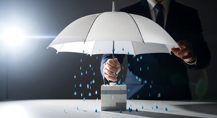 Insurance Protection Concept - Businessman Shielding Miniature House with Umbrella from Rain.