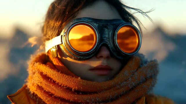 Young woman in orange goggles and scarf against a snowy backdrop
