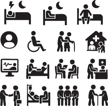 Healthcare and Patient Care Icon Set with Hospital, Doctor and Disability Support &ndash; Black Silhouette Vector Collection