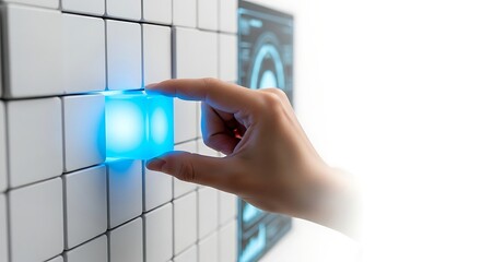 Human hand interacting with glowing blue cube on a futuristic wall, technology concept.