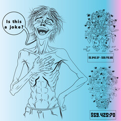 Stark Reality of Financial Disparity: Emaciated Man Laughs at Absurdity with Decaying Plants