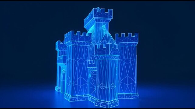 Luminous blue neon wireframe castle featuring intricate polygonal mesh geometry with glowing towers battlements and arched gateway against a dark minimalist background in digital 3D style.