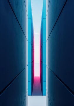Architectural view of a deep, constricted passage between massive parallel structures, highlighting geometry, limitation, tightness, and enclosure, stone, exit, challenge