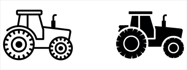 Modern Agricultural Tractor Icon Set with Outline and Solid Silhouette Symbols Vector Illustration.