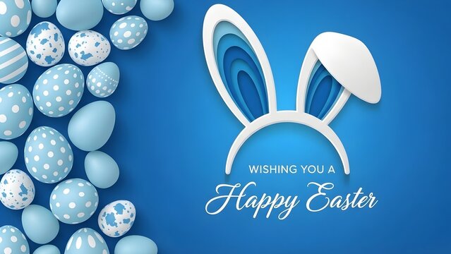 Happy Easter Blue Background with Bunny Ears and Decorative Eggs Border, Modern Holiday Greeting Template