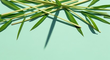 Green bamboo leaves on a light blue background, natural and fresh.