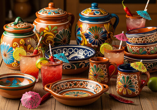 Traditional Mexican Pottery and Festive Beverages Still Life