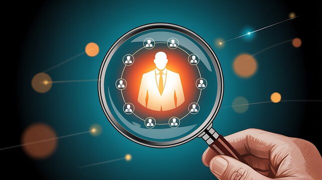 Human resources recruitment concept with magnifying glass selecting candidate profile on digital network background