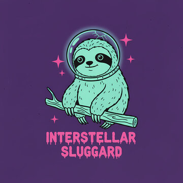 Cute Sloth Astronaut Floating in Space with Stars and Text Interstellar Sluggard