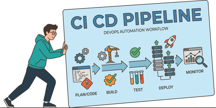 Man presenting CI CD Pipeline diagram illustration on large board, depicting development automation workflow