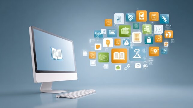 E-learning concept, digital icons around computer screen, clean design