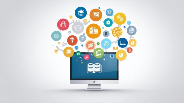 E-learning concept, digital icons around computer screen, clean design