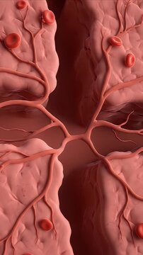 CGI Medical Visualization Illustrating Capillary Network Branching and Red Blood Cell Flow in Early Tissue Repair and Regeneration Processes Over a Textured Background