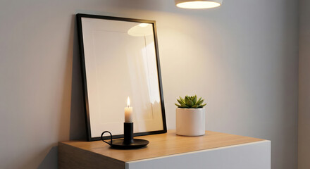 Minimalist home decor with candle and succulent in frame on shelf