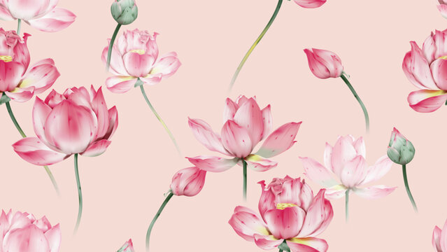 Floral seamless pattern featuring watercolor-style pink lotus flowers and buds on a light pink background