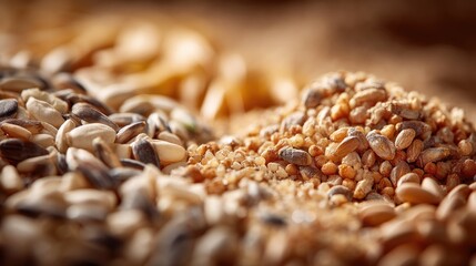 Obraz premium Close-Up of Various Grains and Seeds Showcasing Natural Textures, Colors, and Shapes Perfect for Culinary and Agricultural Themes in Stock Photography