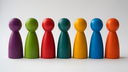 Colorful wooden peg figures in a row representing diversity inclusion and teamwork concept