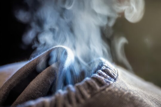 Steamed fabric, macro of steam rising from a wool garment being ironed, humid atmosphere
