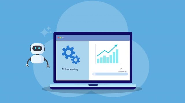 Animated AI robot beside laptop showing business analytics dashboard with gear icon and rising chart. Concept of automation, artificial intelligence, data processing, KPI tracking, and digital growth.